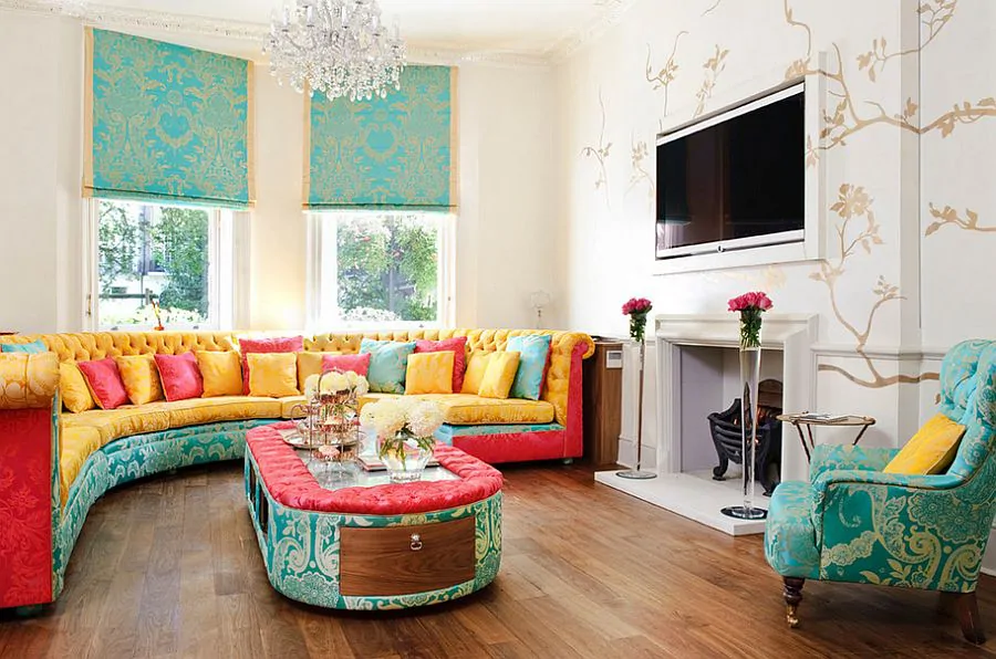 Colorful upholstered coffee table in Alice in wonderland tea room style living room
