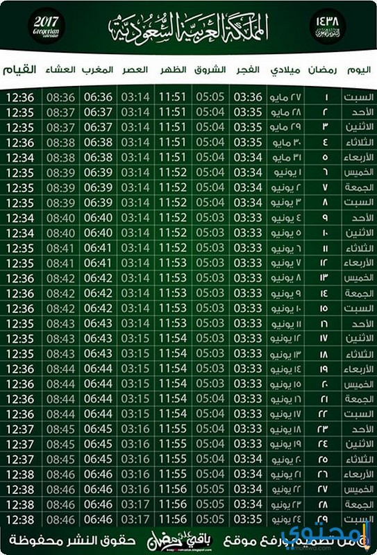 امساكيه شهر رمضان 1438 السعوديه موقع محتوى