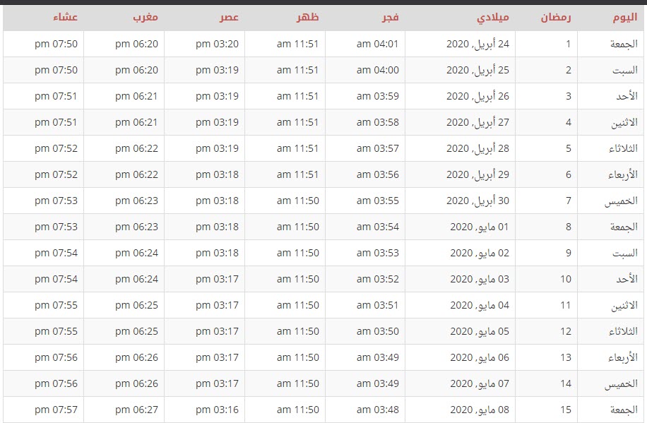 امساكية رمضان ١٤٤٢ جدة