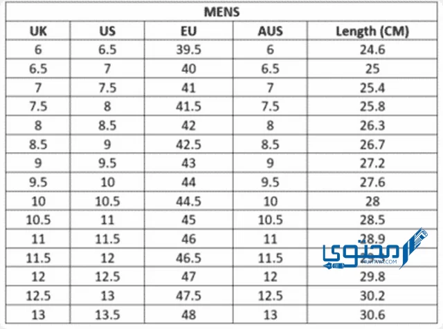 تحويل مقاسات الأحذية eu 